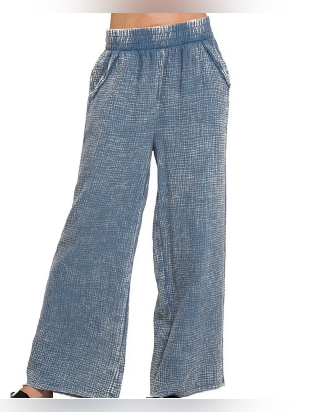 Zenana 100% Cotton Acid-Wash Gauze Pants - Dusty Blue - Picture 2 of 9